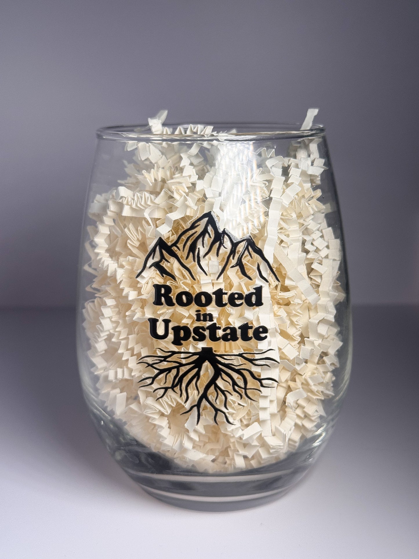 Rooted in Upstate Logo Stemless Wine Glass | black logo