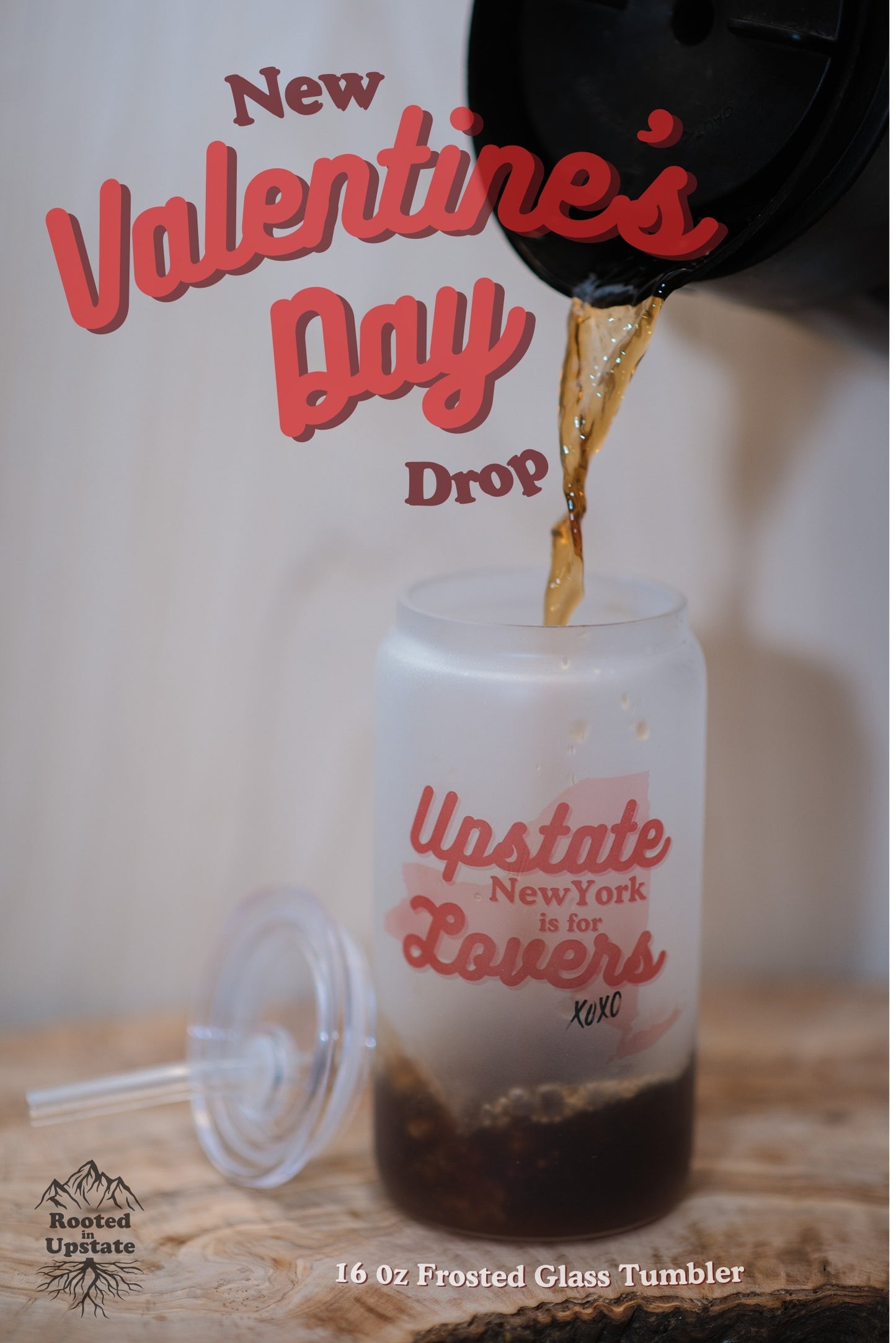 Upstate NY is for Lovers - 16 oz Frosted Glass Tumbler w/ Acrylic Lid