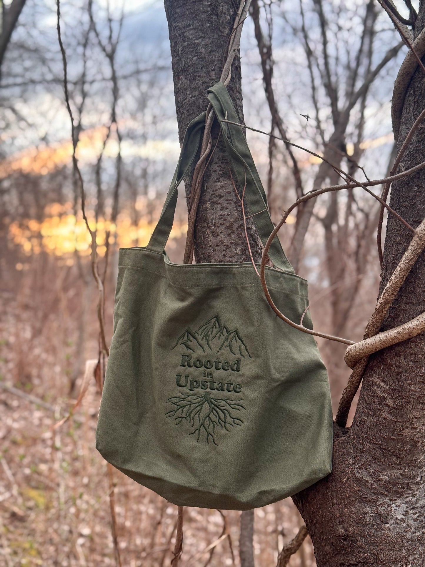 Rooted in Upstate Embroidered Canvas Tote Bag - Large - Green Monochromatic