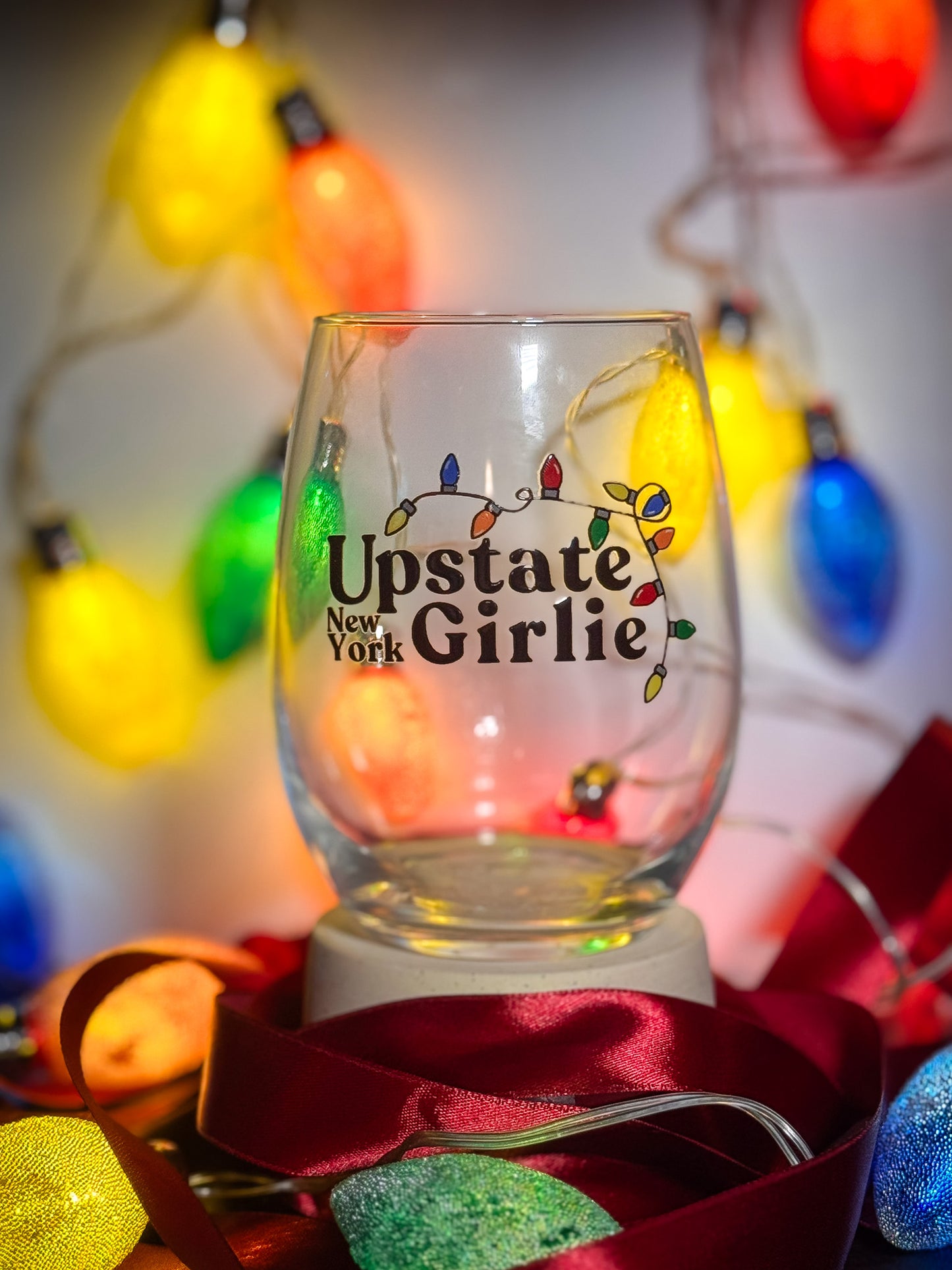 Upstate Girlie Holiday Lights - Stemless Wine Glass