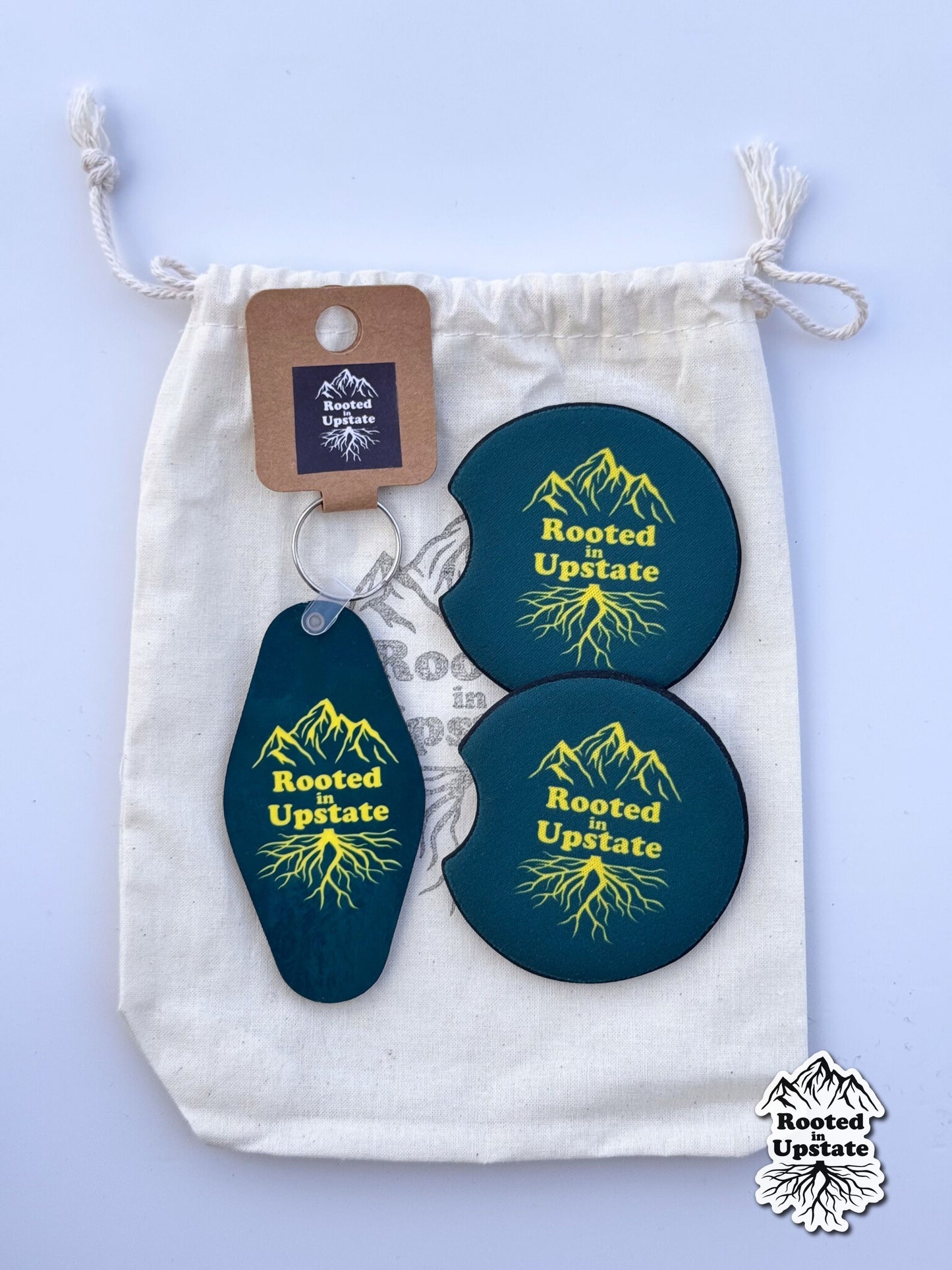 Rooted in Upstate Keychain & Car Coasters Bundle (green)