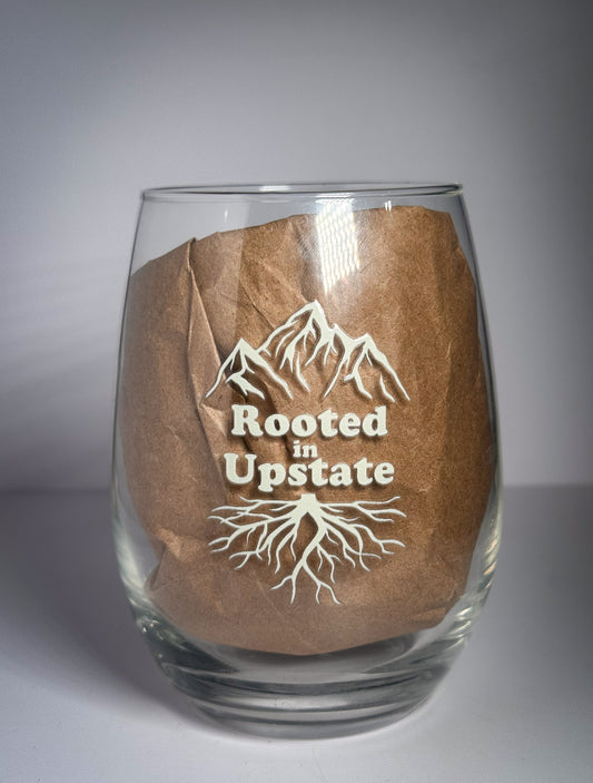Rooted in Upstate Logo Stemless Wine Glass | cream logo