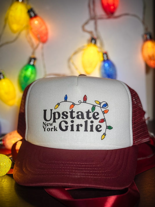 Upstate Girlie Holiday Trucker Hat (maroon/white)