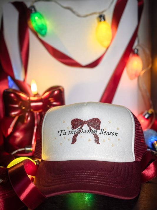 'Tis the Damn Season Trucker Hat (maroon/white)