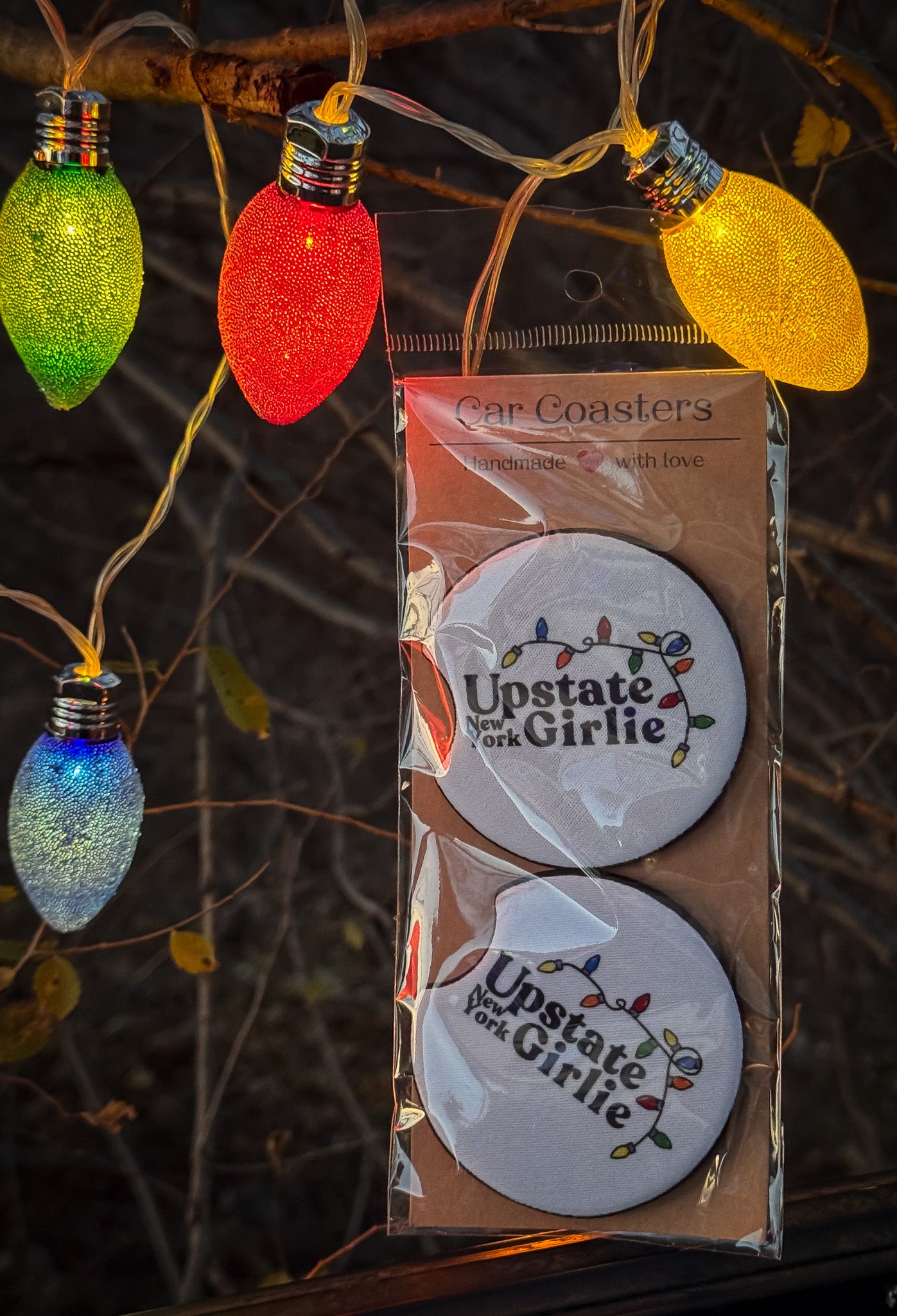 Upstate Girlie Holiday Lights Collection Car Coasters